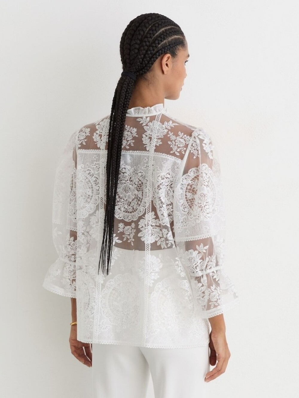 Reiss Demi Sheer Lace Tie-Neck Blouse in Ivory - Picture 6 of 16
